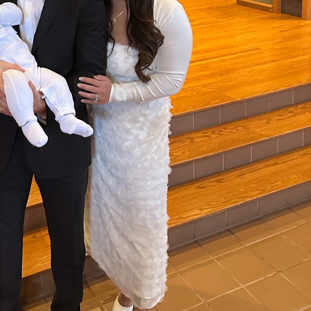 Dreamy girl white 3D floral appliqué strapless midi dress